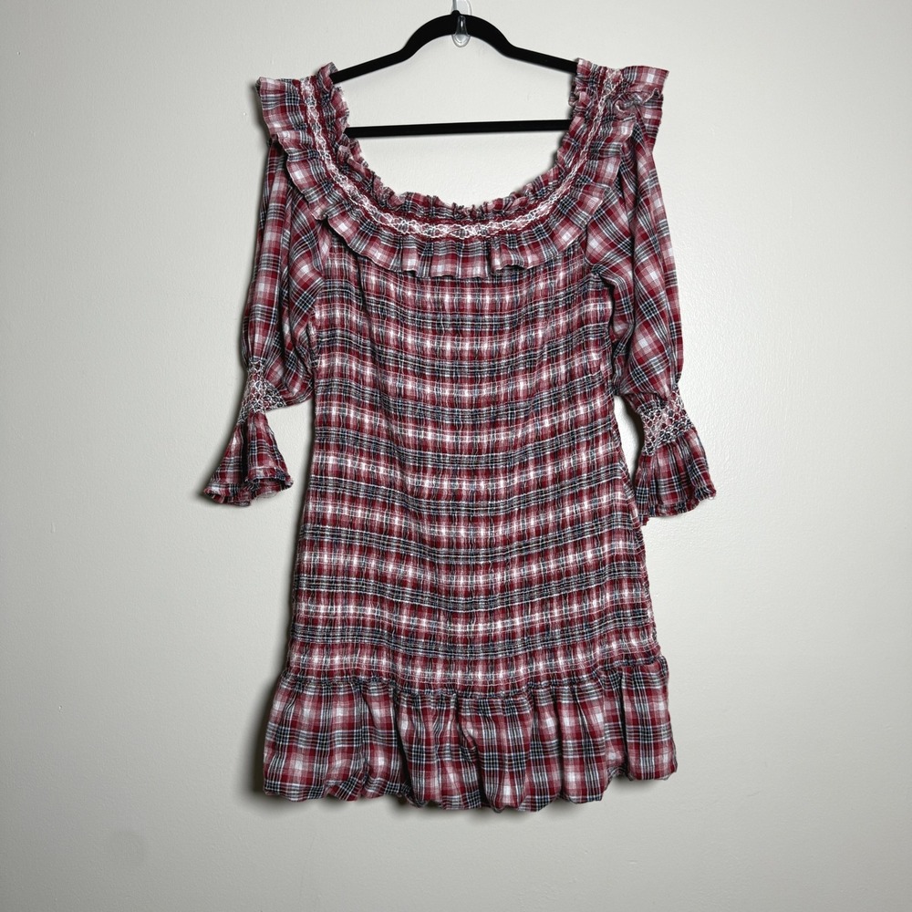 Pilcro Plaid Smocked Mini Dress Red Navy White Cotton Bubble Hem Womens XL - Picture 2 of 10